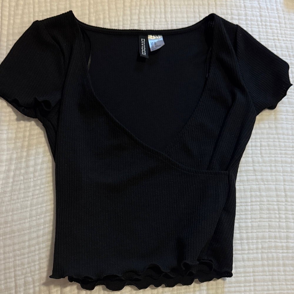 H&M Black Ribbed Wrap Blouse
